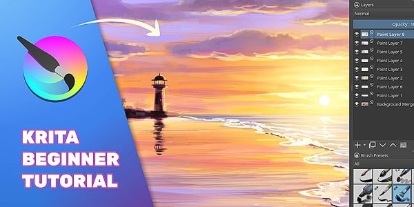 Tranh hoàng hôn biển với ngọn hải đăng và bảng layer của Krita