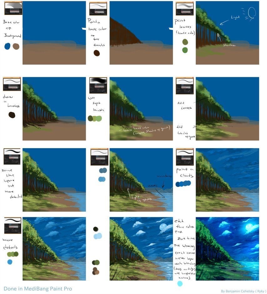 Mười hai bước vẽ phong cảnh rừng cây bên hồ đêm trăng trong MediBang Paint Pro