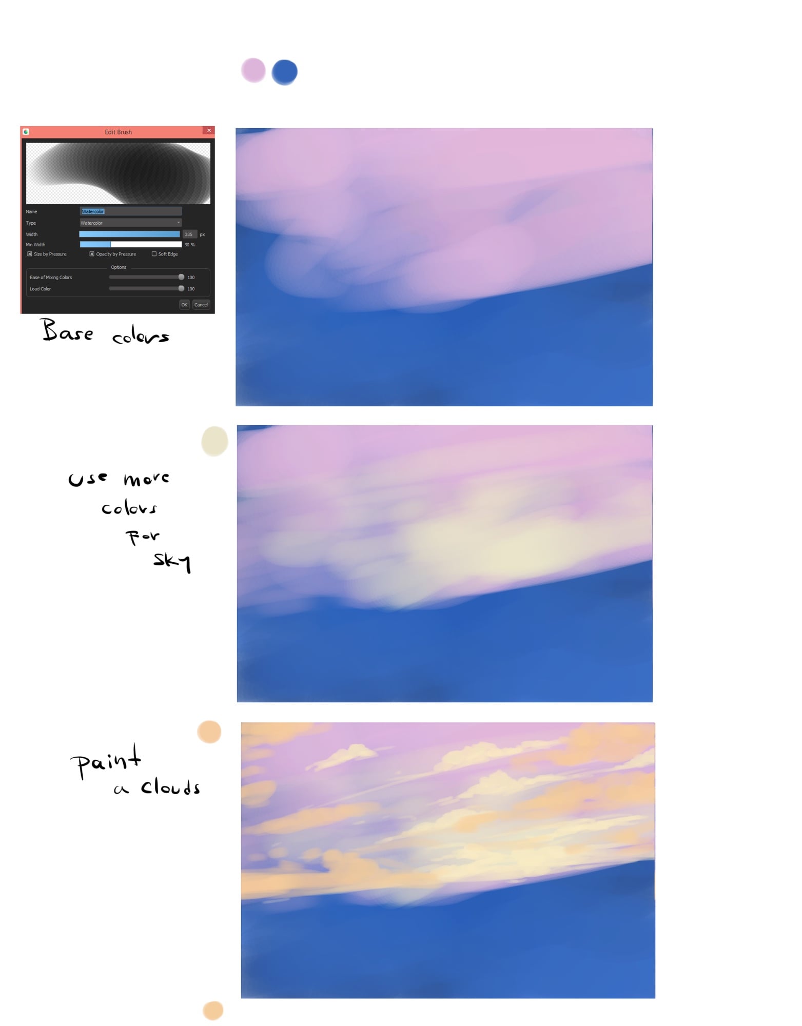 Ba bước vẽ bầu trời hoàng hôn bằng brush Watercolor trong MediBang, có bảng Edit Brush