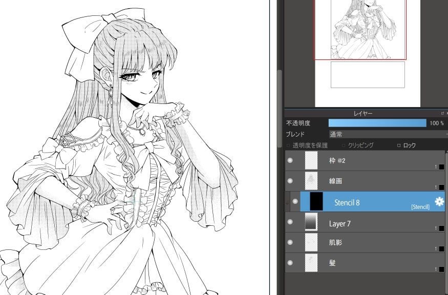 Trang manga đen trắng dán screentone và bảng layer có lớp Stencil trong MediBang