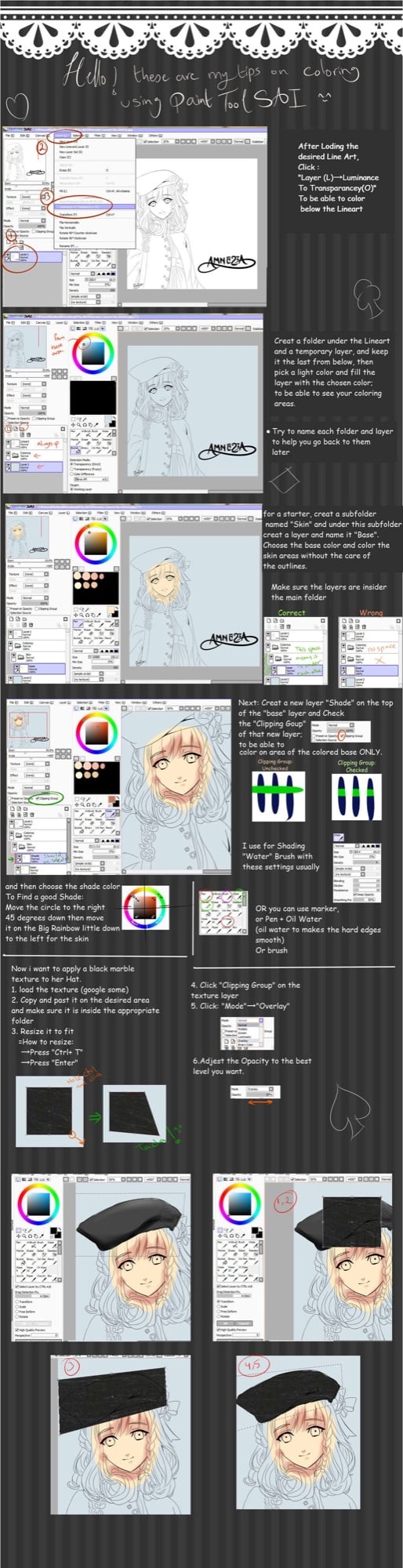 Các bước tô màu line art trong PaintTool SAI: tách nét, thư mục màu, Clipping Group, dán texture