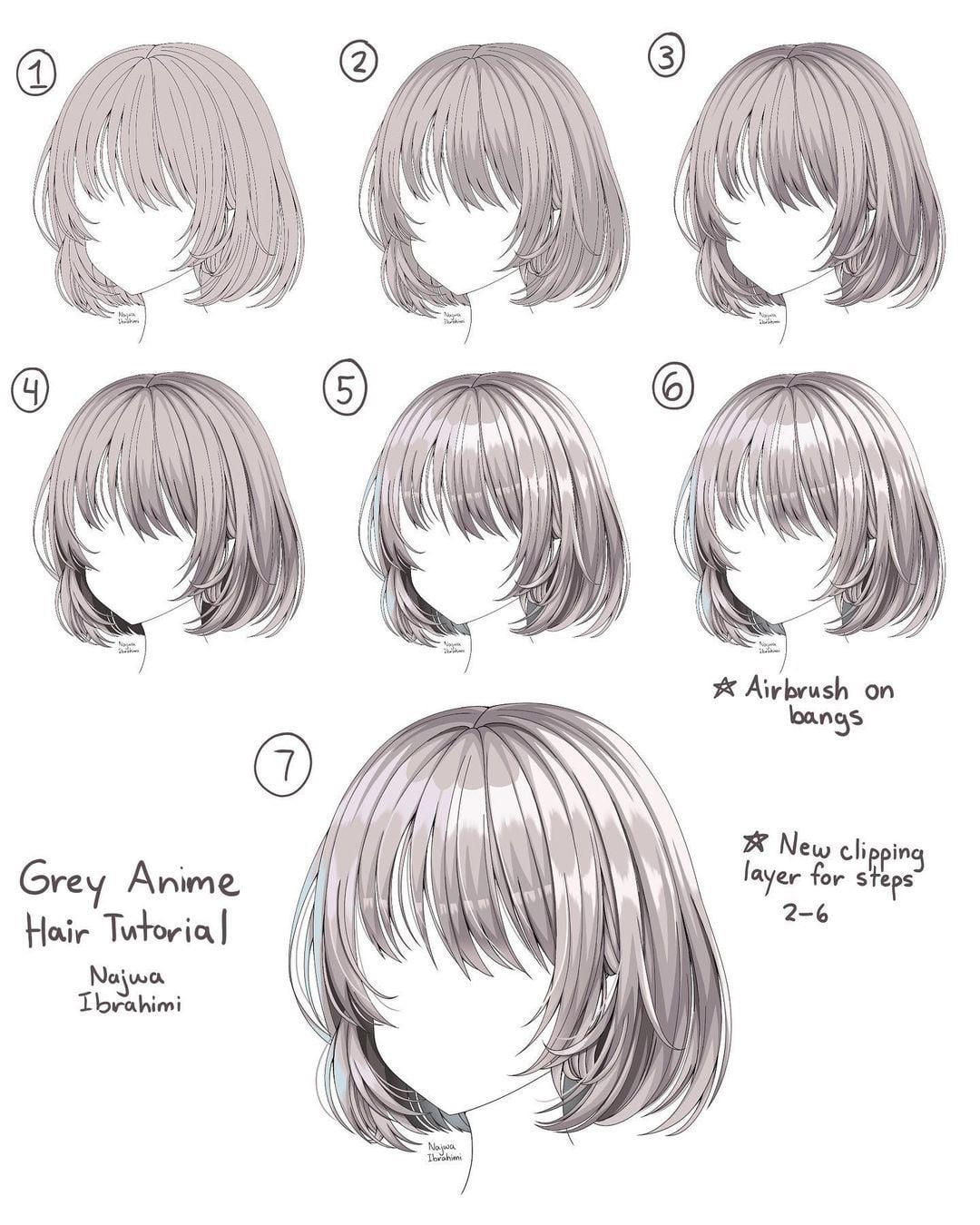 Bảy bước tô tóc anime màu xám bạc với dải sáng và airbrush trên mái