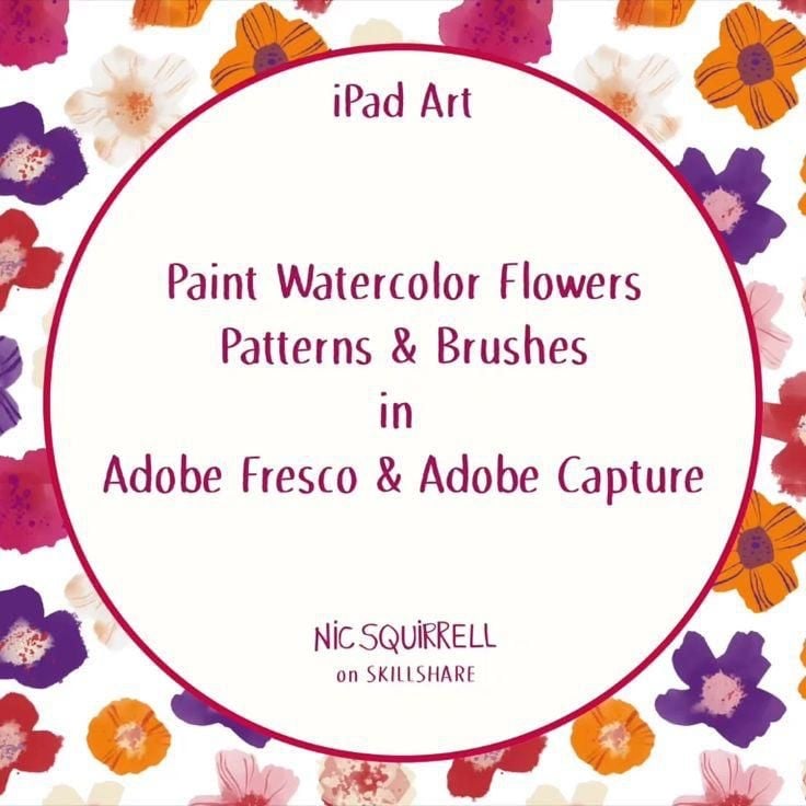 Hoạ tiết hoa màu nước tím, cam, hồng vẽ trong Adobe Fresco quanh khung chữ lớp học