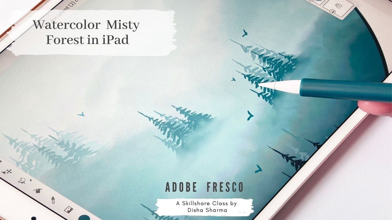 Cánh rừng thông trong sương vẽ bằng màu nước trong Adobe Fresco trên iPad