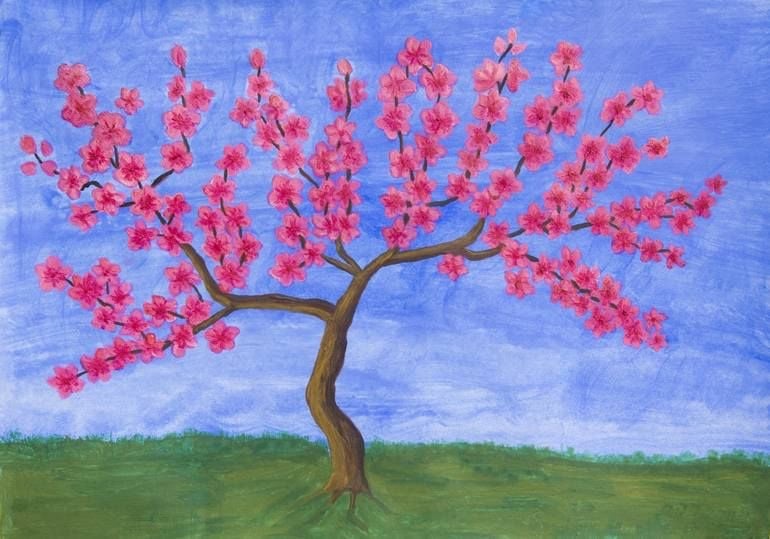 Tranh cây đào nở hoa hồng kín tán dưới bầu trời xanh