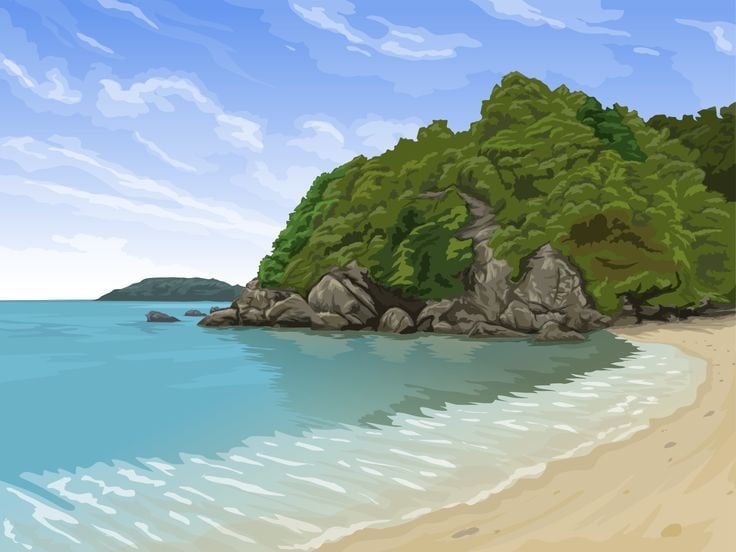 Tranh vector vẽ bằng Inkscape: bãi biển cát, nước xanh trong, mỏm đá phủ cây xanh dưới trời mây