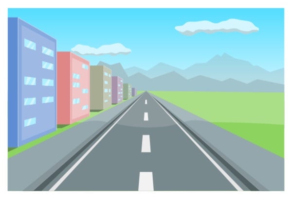 Minh hoạ vector phong cách phẳng: con đường thẳng phối cảnh một điểm tụ, nhà màu hai bên, núi xa