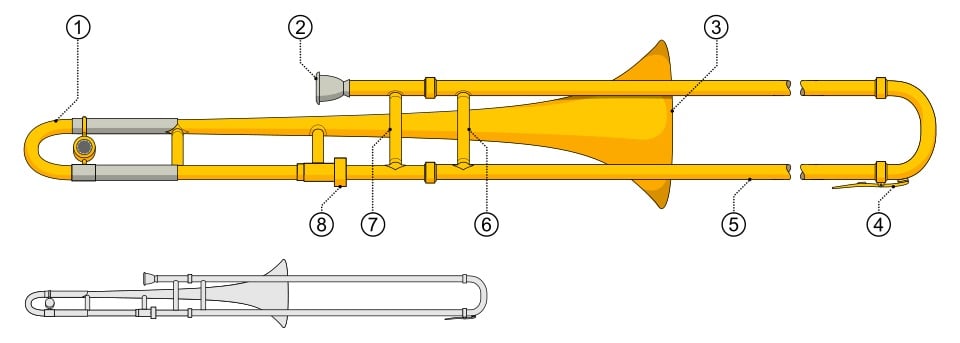 Hình vector kèn trombone màu đồng với ánh kim và phản chiếu