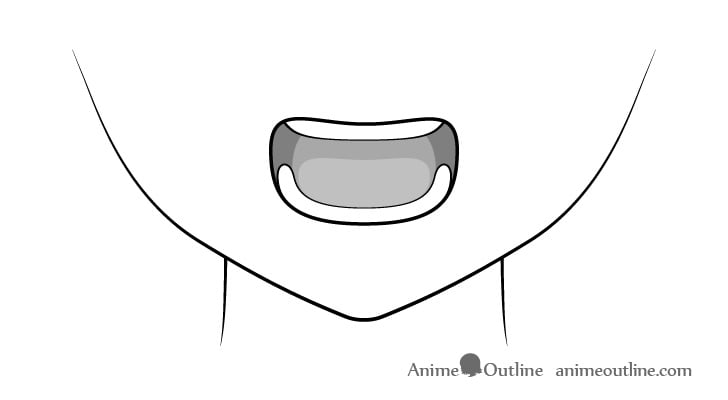 Miệng anime mở rộng nhìn chính diện, có răng trên, răng dưới và lưỡi tô xám