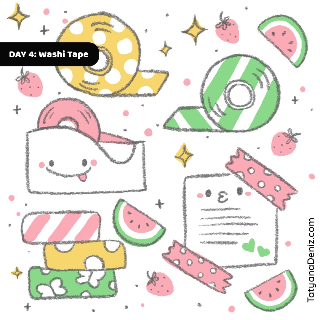 Minh hoạ spot kawaii: cuộn băng dính washi, tờ giấy có mặt cười, dưa hấu và dâu tây