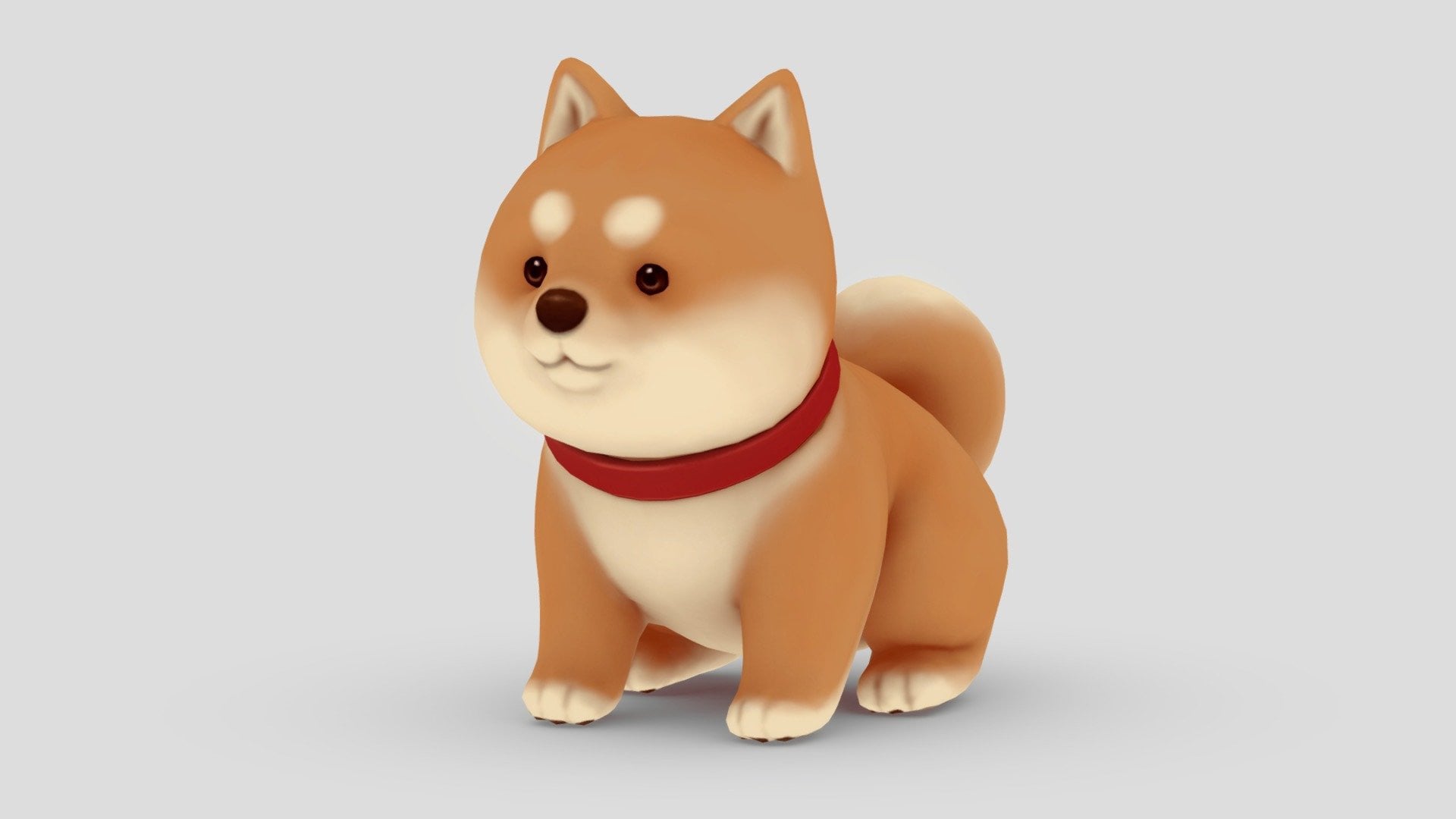Mô hình 3D chú chó Shiba phong cách dễ thương với lông cam kem và vòng cổ đỏ