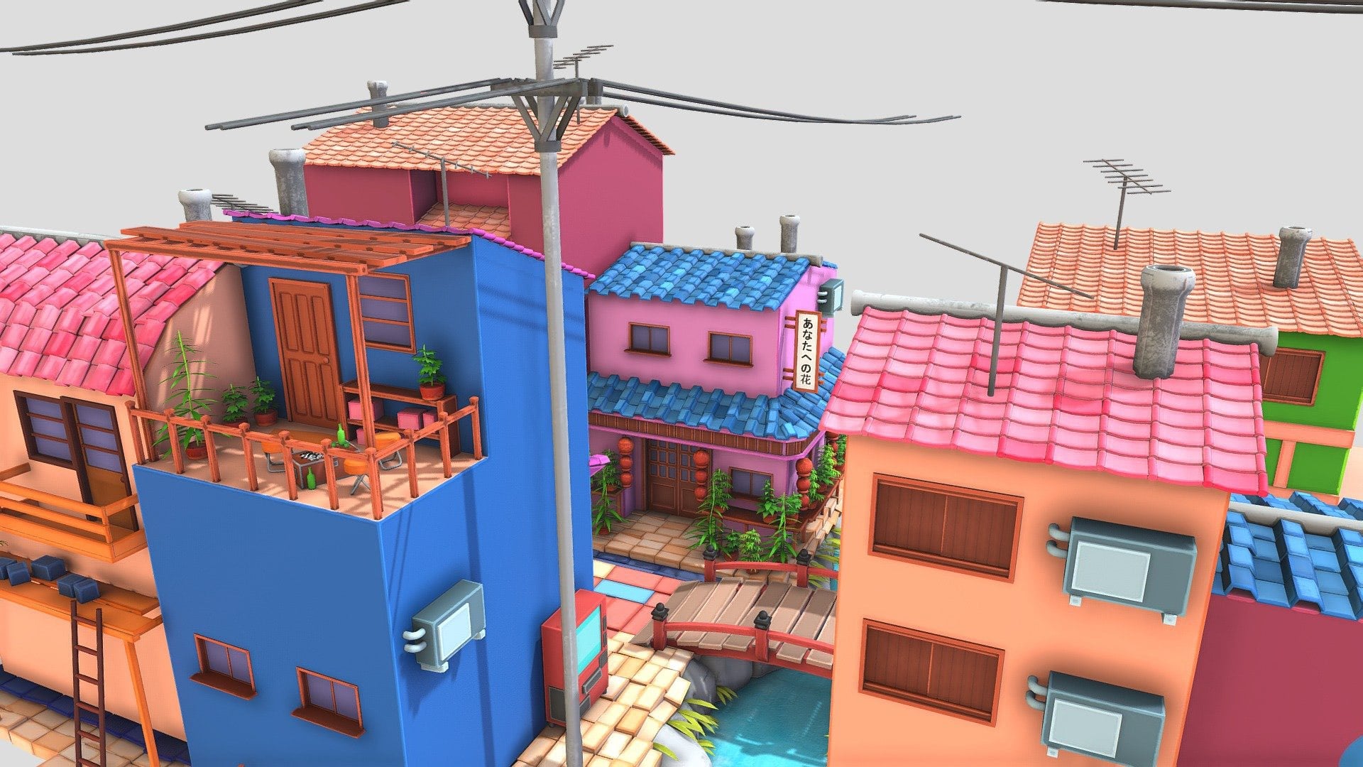 Cảnh 3D phố nhỏ Nhật Bản phong cách hoạt hình: mái ngói màu, ban công, cột điện và cây cầu đỏ