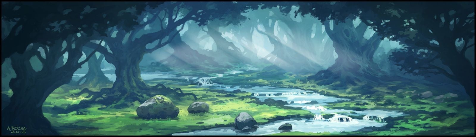Concept art bối cảnh: khu rừng cổ thụ với dòng suối và ánh sáng xuyên qua tán lá