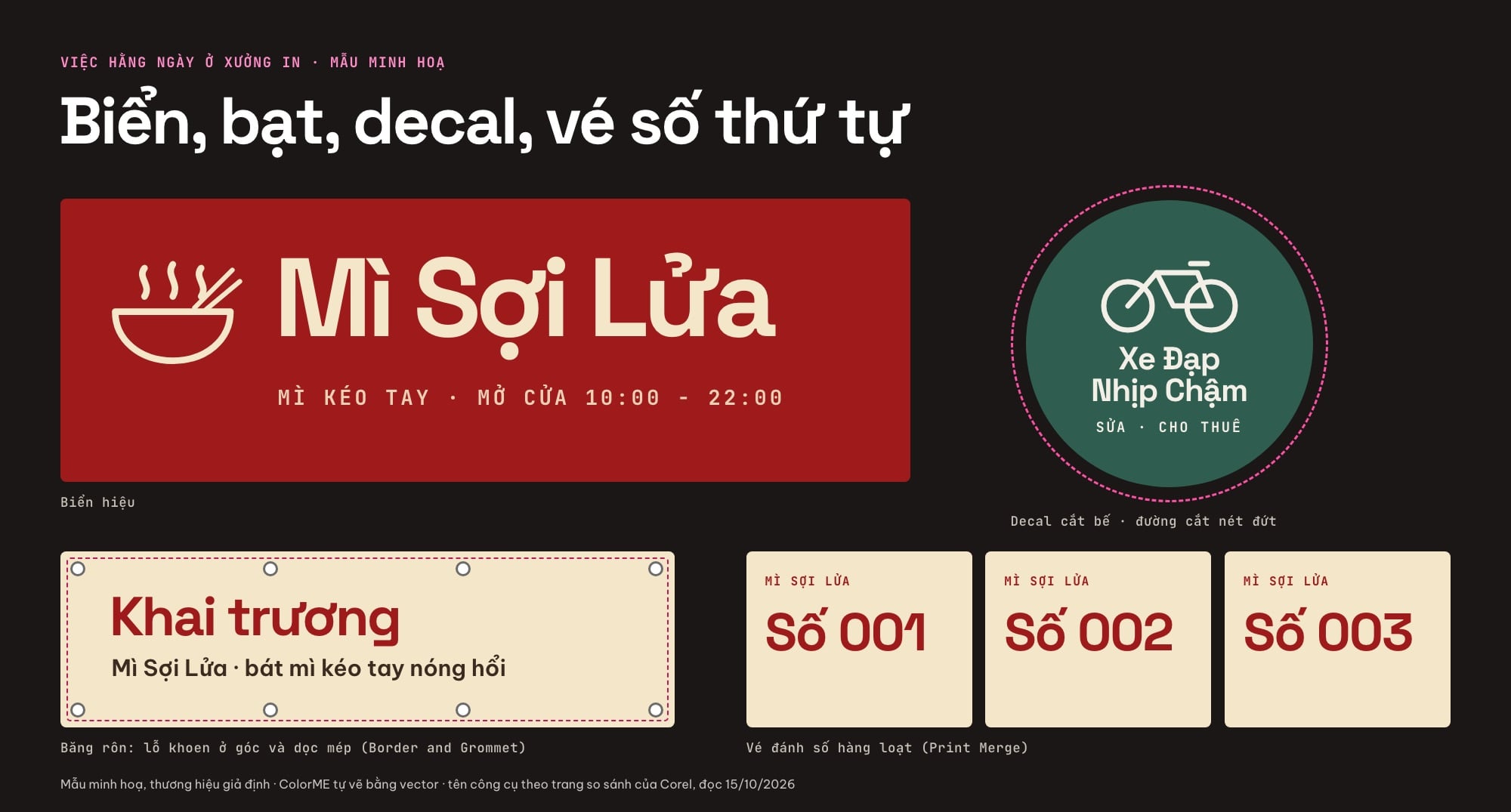Mẫu biển hiệu, băng rôn và decal làm bằng phần mềm vector cho thương hiệu giả định