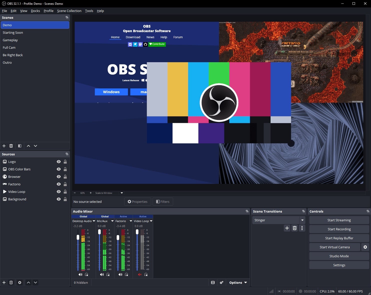 Giao diện OBS Studio nền tối: khung xem trước ở giữa có thanh màu kiểm tra và logo OBS, bên dưới là danh sách Scenes, Sources, bộ trộn âm thanh và các nút Start Streaming, Start Recording