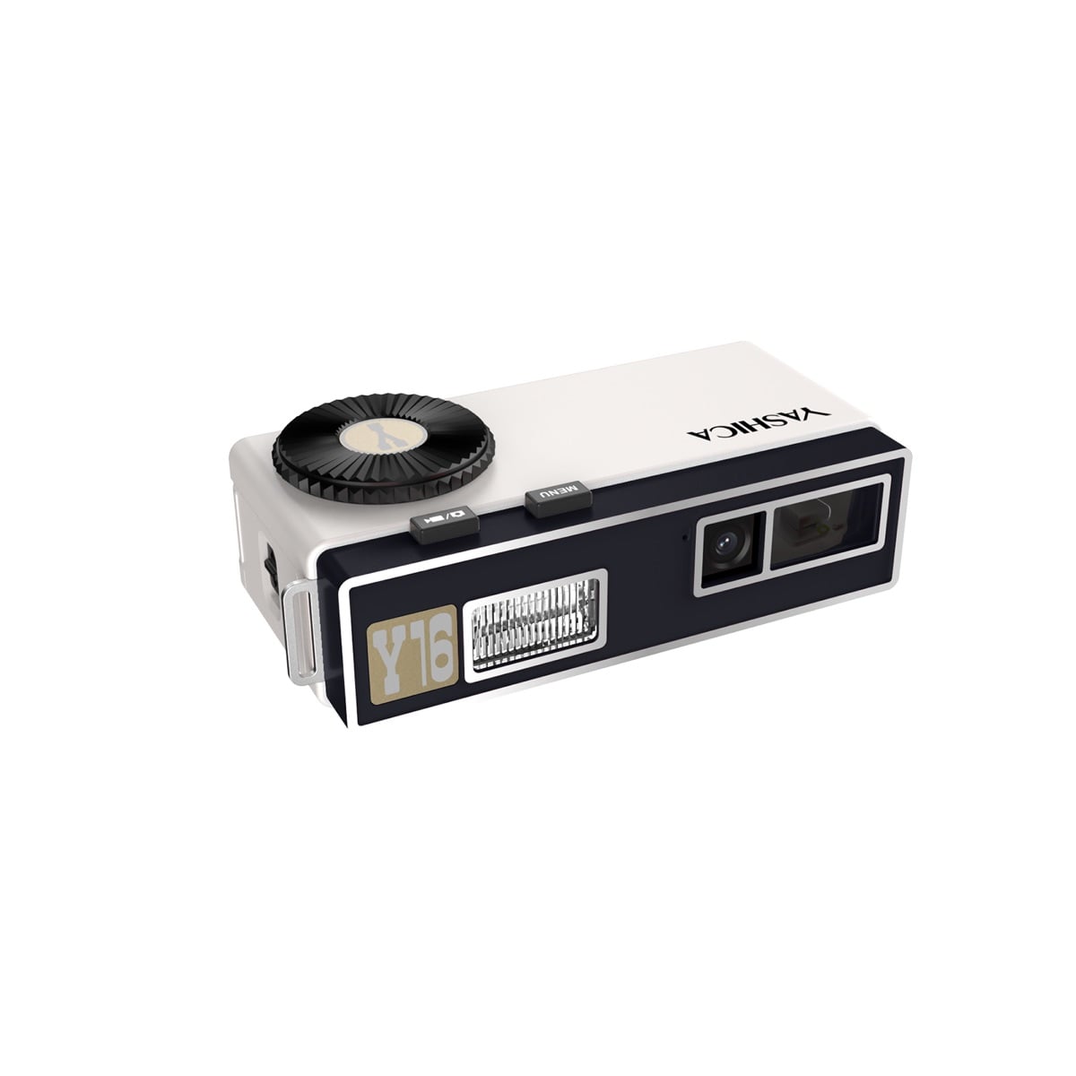 Máy ảnh Yashica Y16 màu đen trắng nhìn nghiêng trên nền trắng: thân dài dẹt, núm xoay lớn trên đỉnh, đèn flash và khung ngắm ở mặt trước