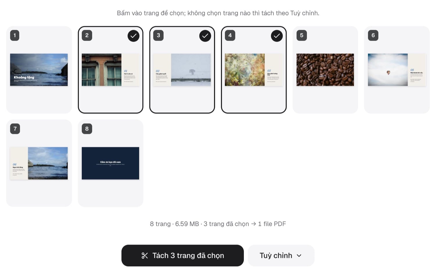 Tách file PDF: chọn trang 2, 3, 4 trong portfolio 8 trang, nút Tách 3 trang đã chọn