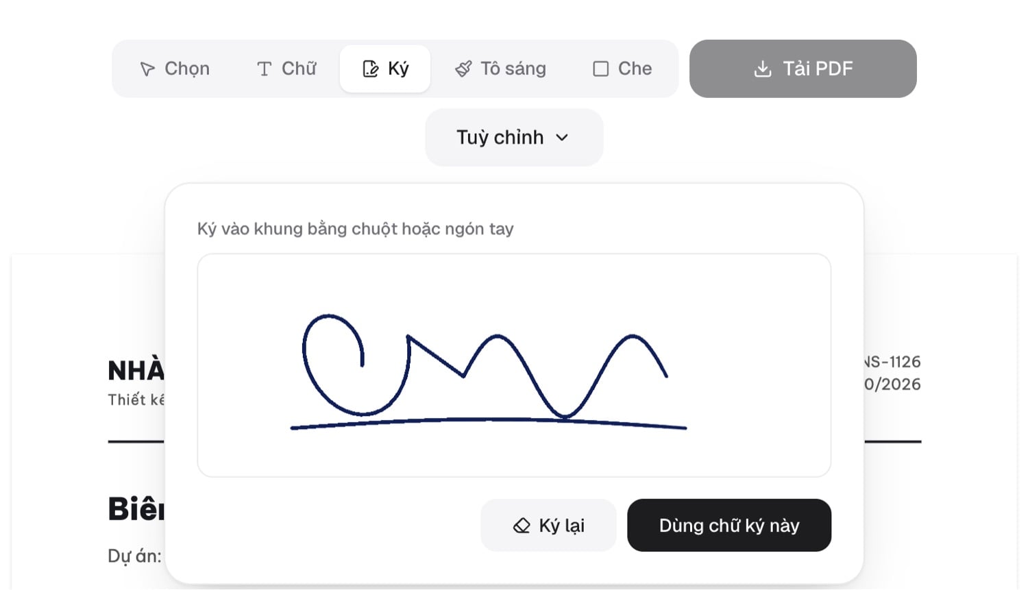 Khung ký tên vào PDF với chữ ký vẽ tay, nút Ký lại và Dùng chữ ký này