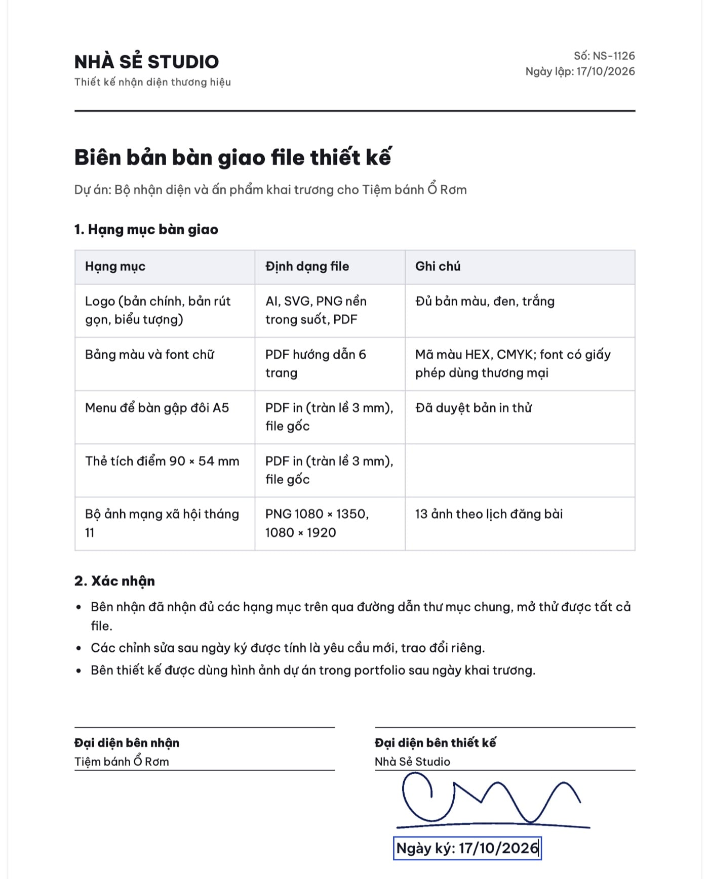 Biên bản bàn giao file thiết kế đã đặt chữ ký và ngày ký trong công cụ Ký tên vào PDF