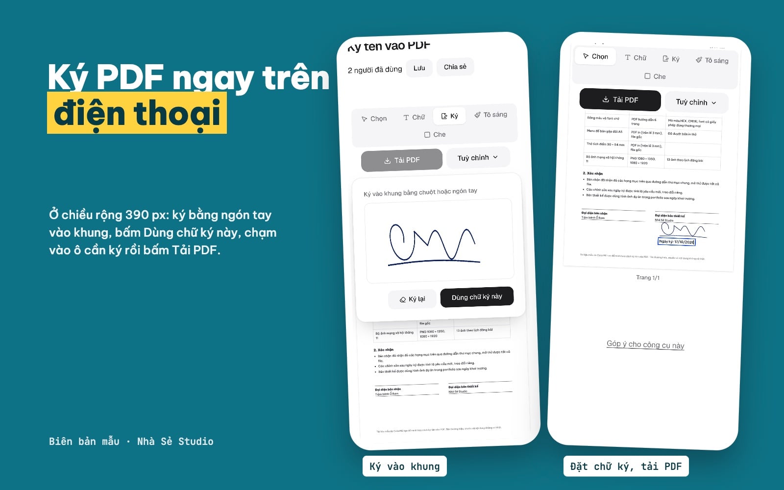 Ký tên vào PDF trên điện thoại: khung ký và chữ ký đã đặt vào biên bản