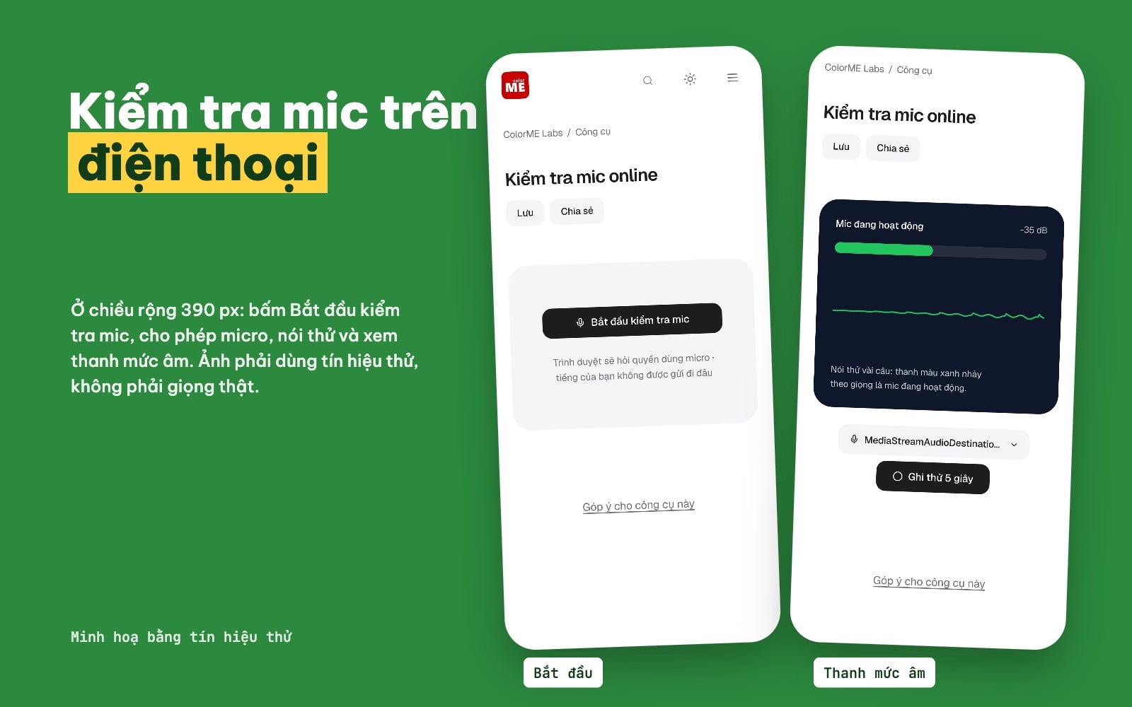 Kiểm tra mic trên điện thoại: nút bắt đầu và thanh mức âm