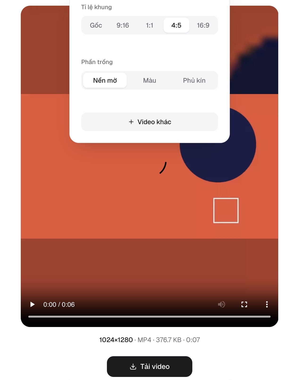 Kết quả xuất video 4:5 cho Facebook với nút Tải video