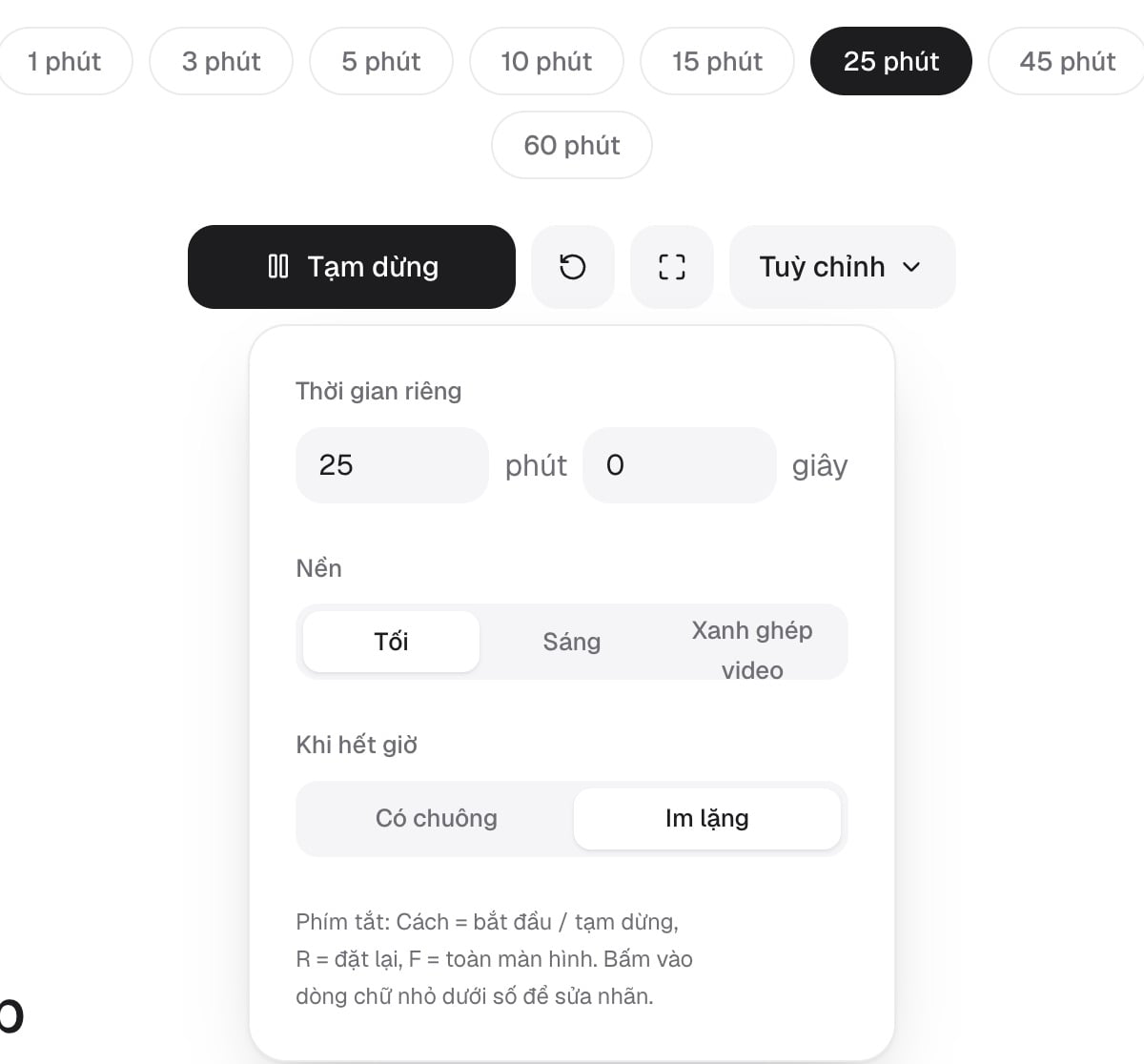 Bảng Tuỳ chỉnh của đồng hồ đếm ngược: nền, chuông, thời gian riêng