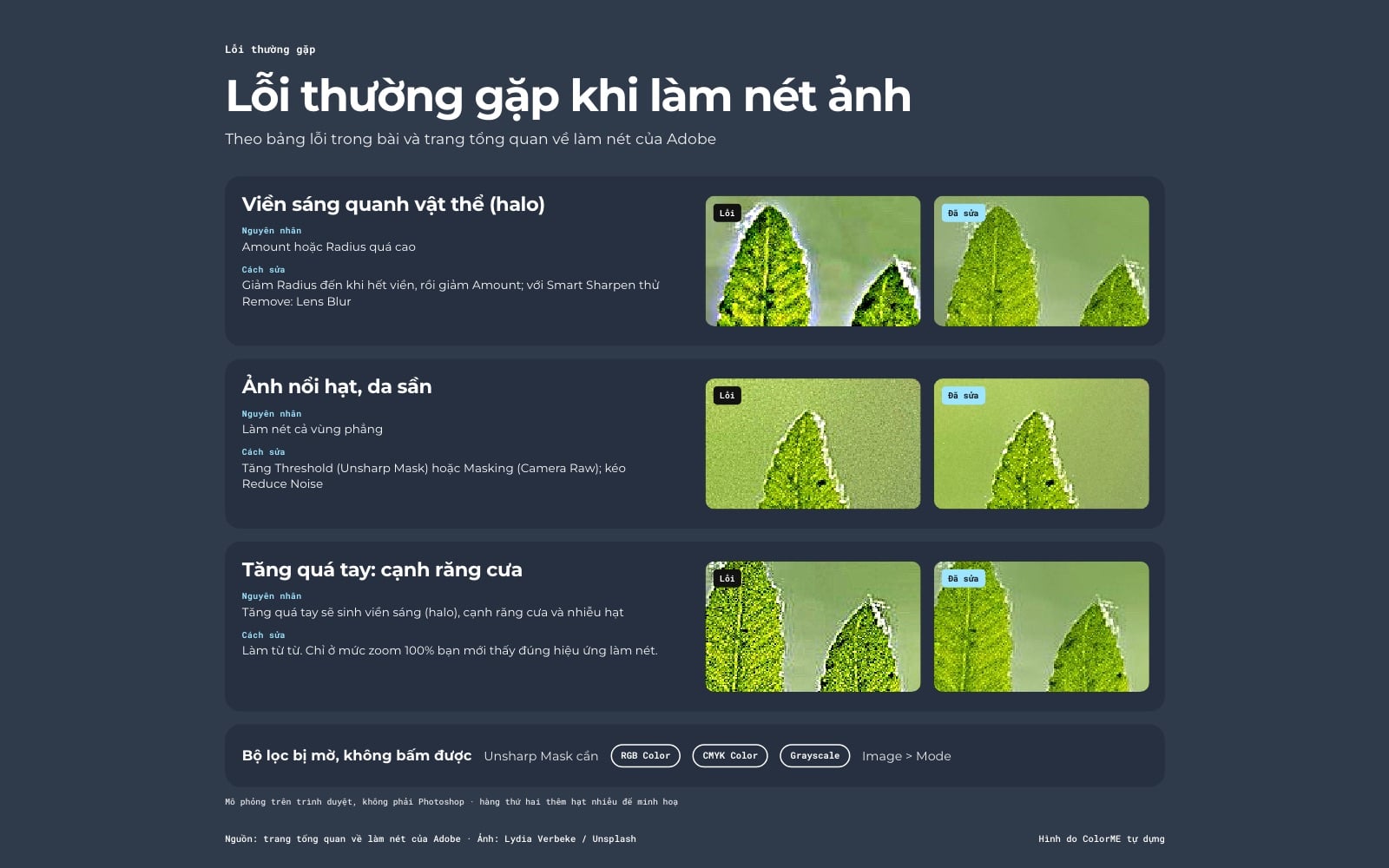 Lỗi thường gặp khi làm nét ảnh: viền sáng quanh vật thể, ảnh nổi hạt, cạnh răng cưa khi tăng quá tay, mỗi lỗi có ảnh lỗi và ảnh đã sửa, kèm lỗi bộ lọc bị mờ do chế độ màu