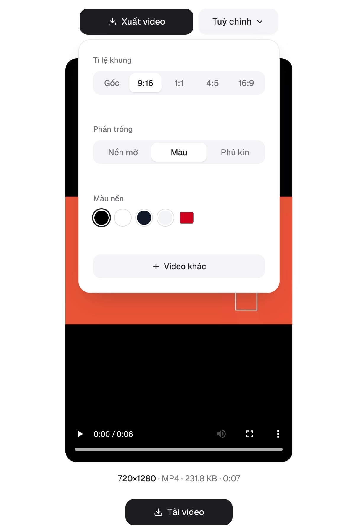 Công cụ Kích thước video TikTok: tỉ lệ khung 9:16, phần trống chọn Màu, kết quả 720x1280 MP4