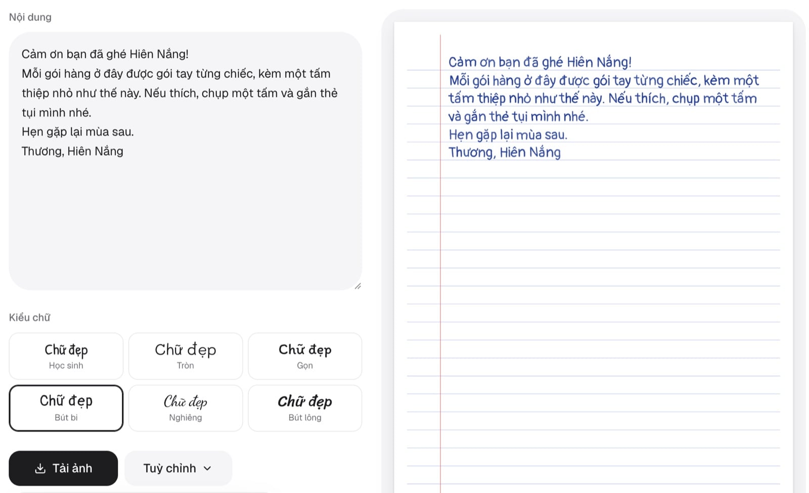 Công cụ chuyển chữ gõ thành chữ viết tay tiếng Việt: ô Nội dung, sáu kiểu chữ và trang xem trước
