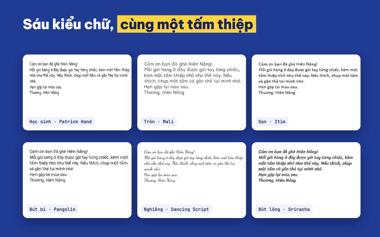 Sáu kiểu chữ viết tay tiếng Việt: Học sinh, Tròn, Gọn, Bút bi, Nghiêng, Bút lông