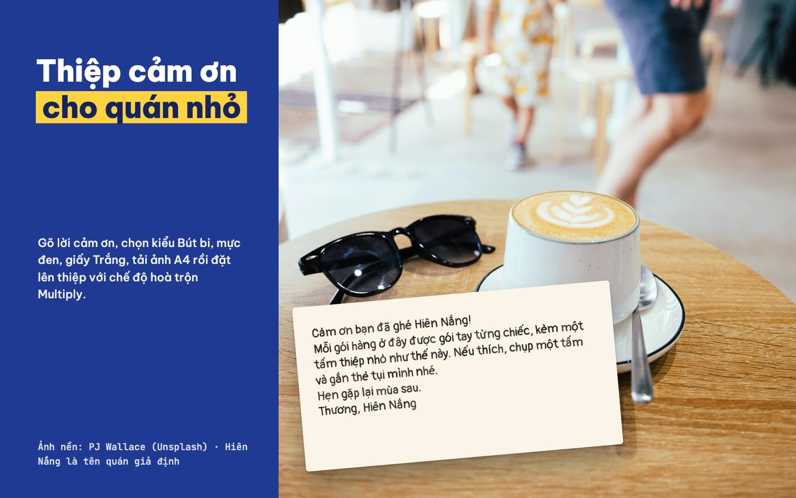 Thiệp cảm ơn viết tay tiếng Việt đặt cạnh ly cà phê trên bàn gỗ