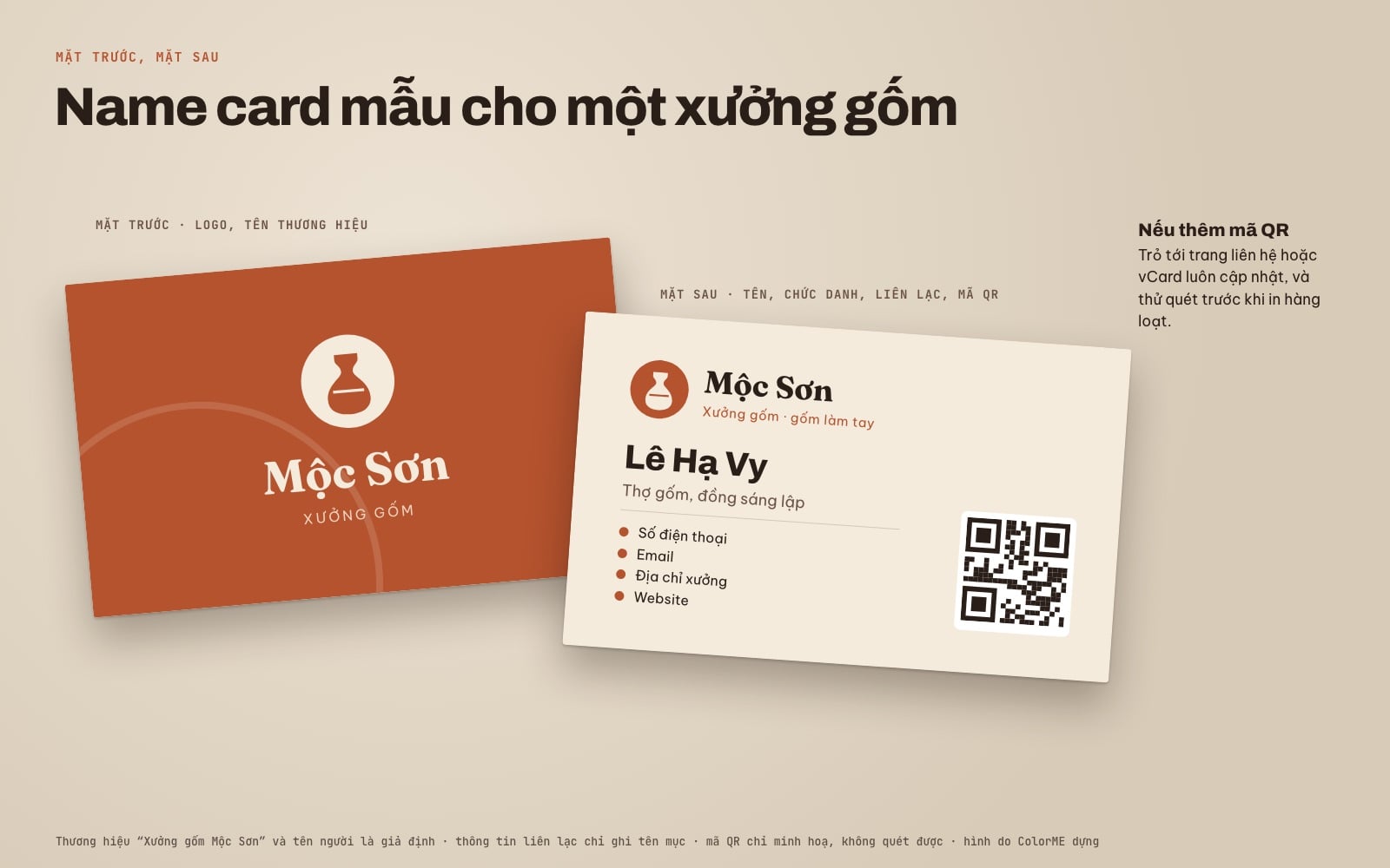 Mặt trước và mặt sau của một name card mẫu cho xưởng gốm: mặt trước có logo và tên thương hiệu, mặt sau có tên, chức danh, các mục liên lạc và mã QR
