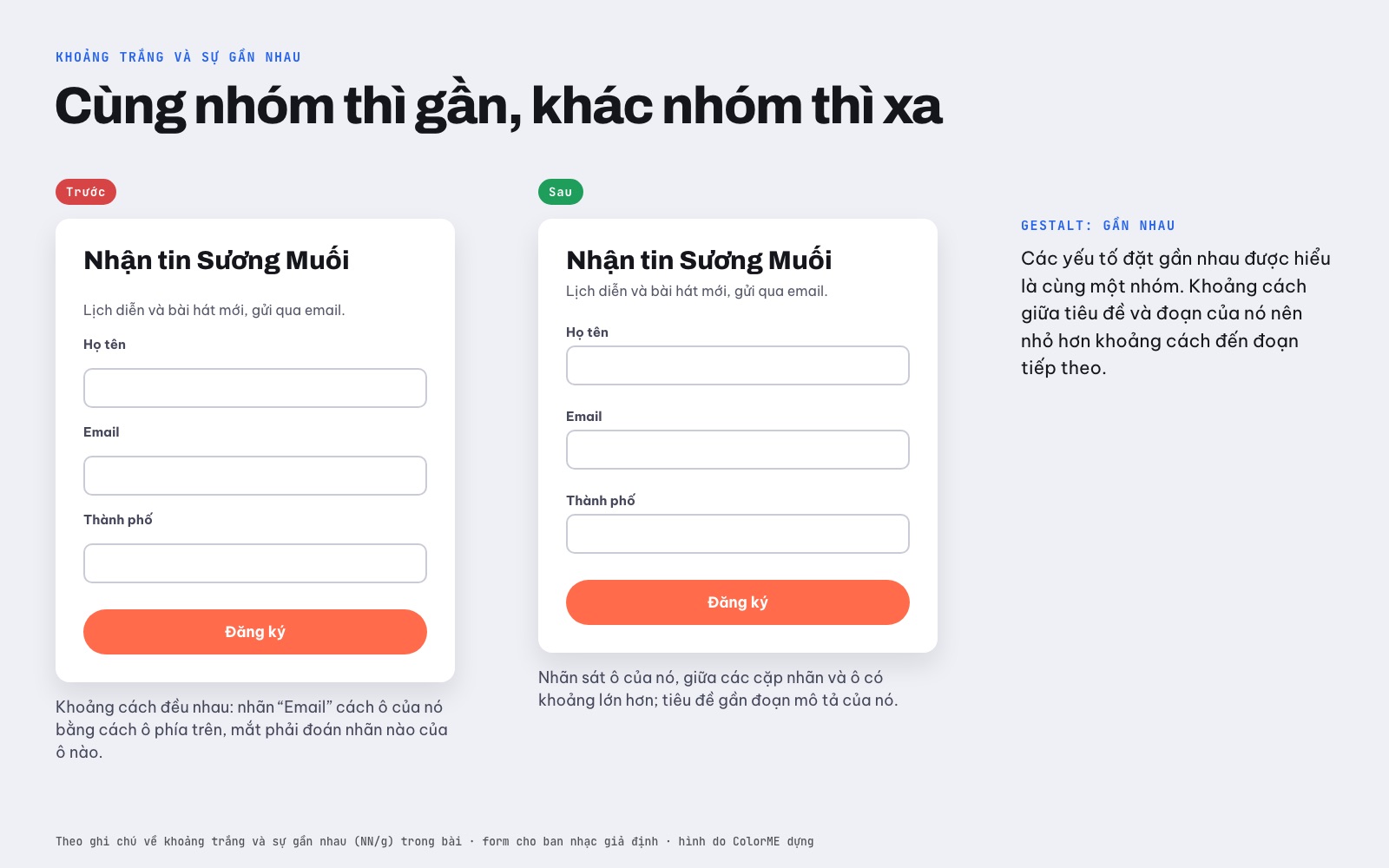 Form đăng ký trước và sau khi chỉnh khoảng cách: nhãn đặt sát ô nhập của nó, khoảng lớn hơn giữa các nhóm