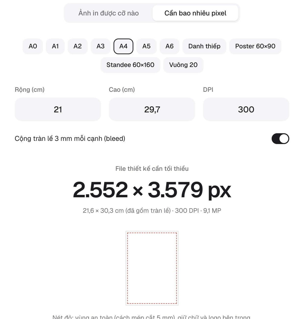Đổi cm sang pixel: khổ A4 300 DPI có tràn lề cần 2552 x 3579 px