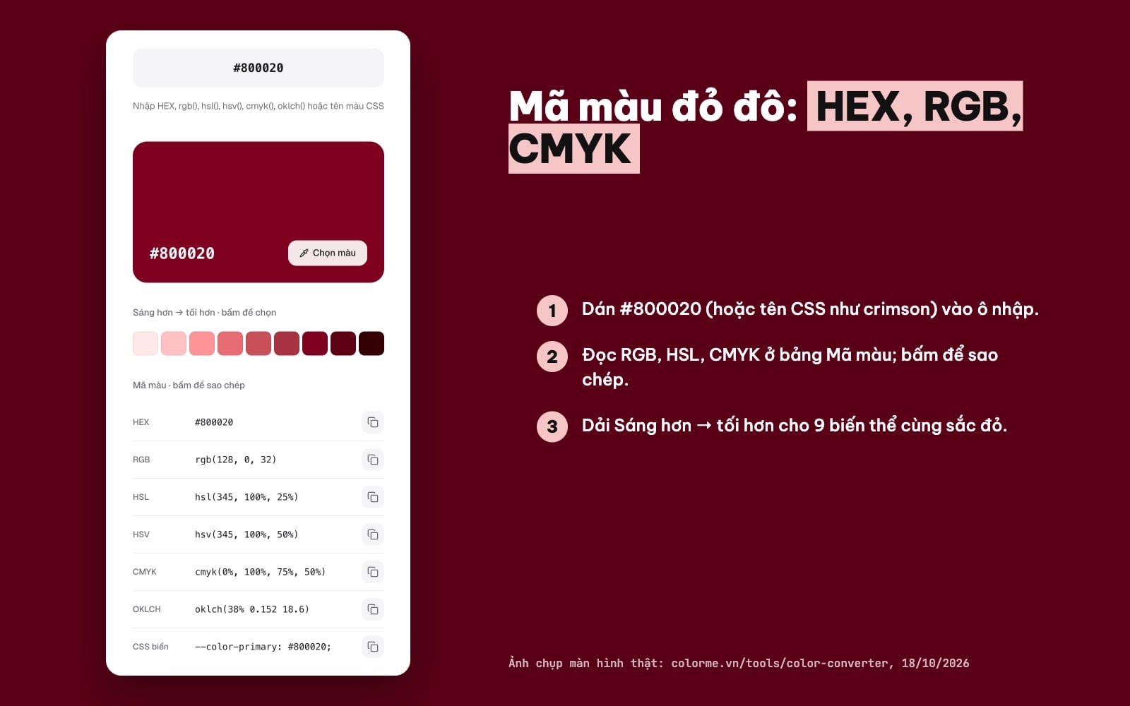 Mã màu đỏ đô #800020: rgb(128, 0, 32), cmyk(0%, 100%, 75%, 50%)