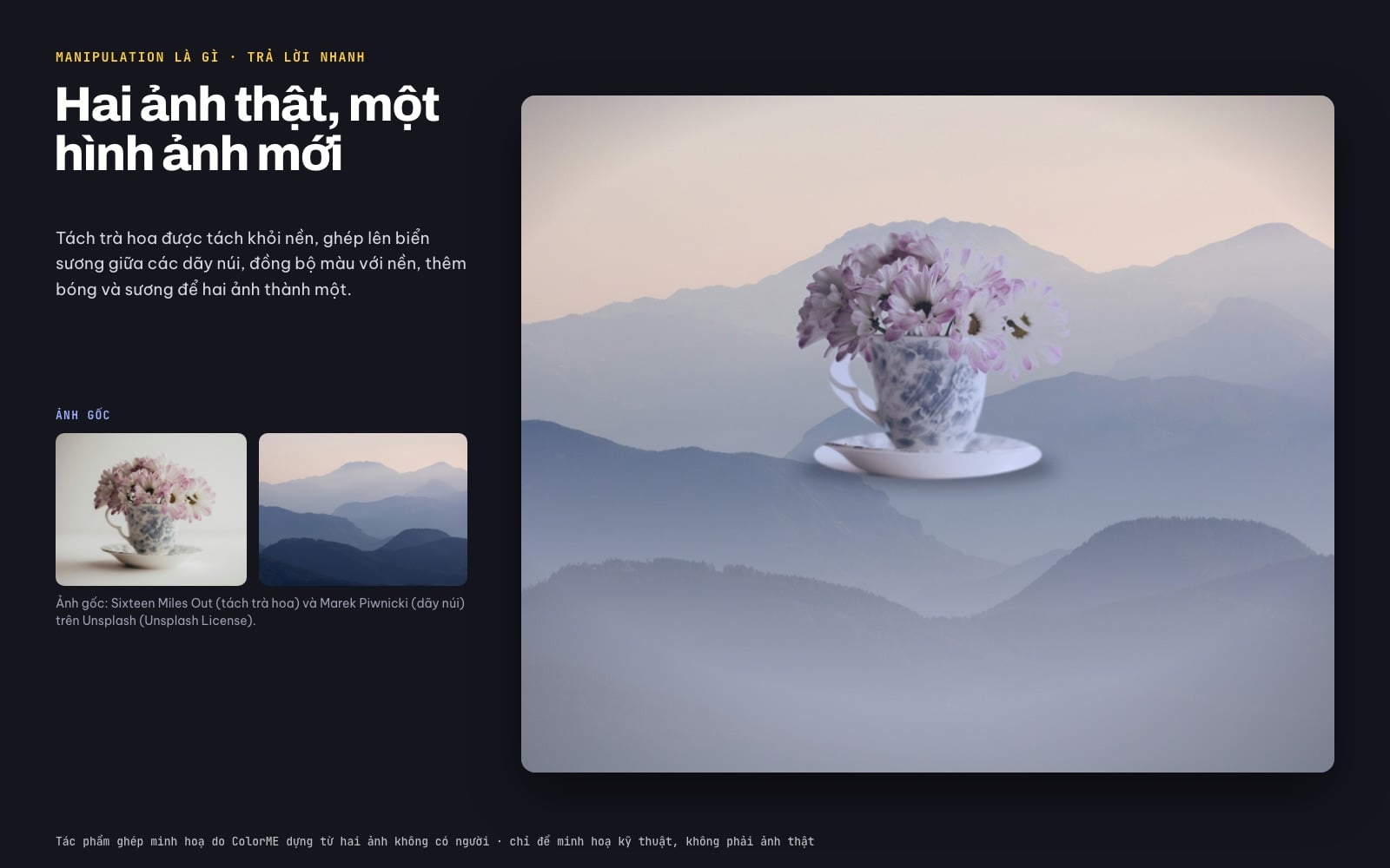 Tác phẩm manipulation ghép từ hai ảnh: tách trà cắm hoa cúc đặt trên biển sương giữa các dãy núi xanh tím