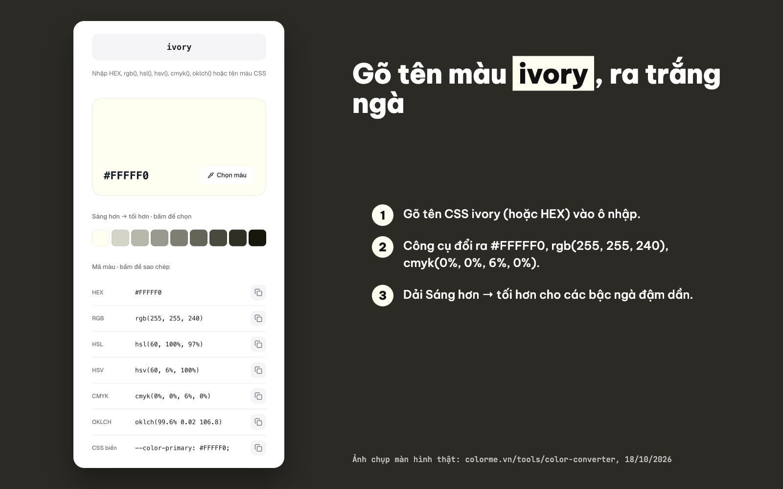 Mã màu trắng ngà ivory #FFFFF0 trong công cụ đổi mã màu