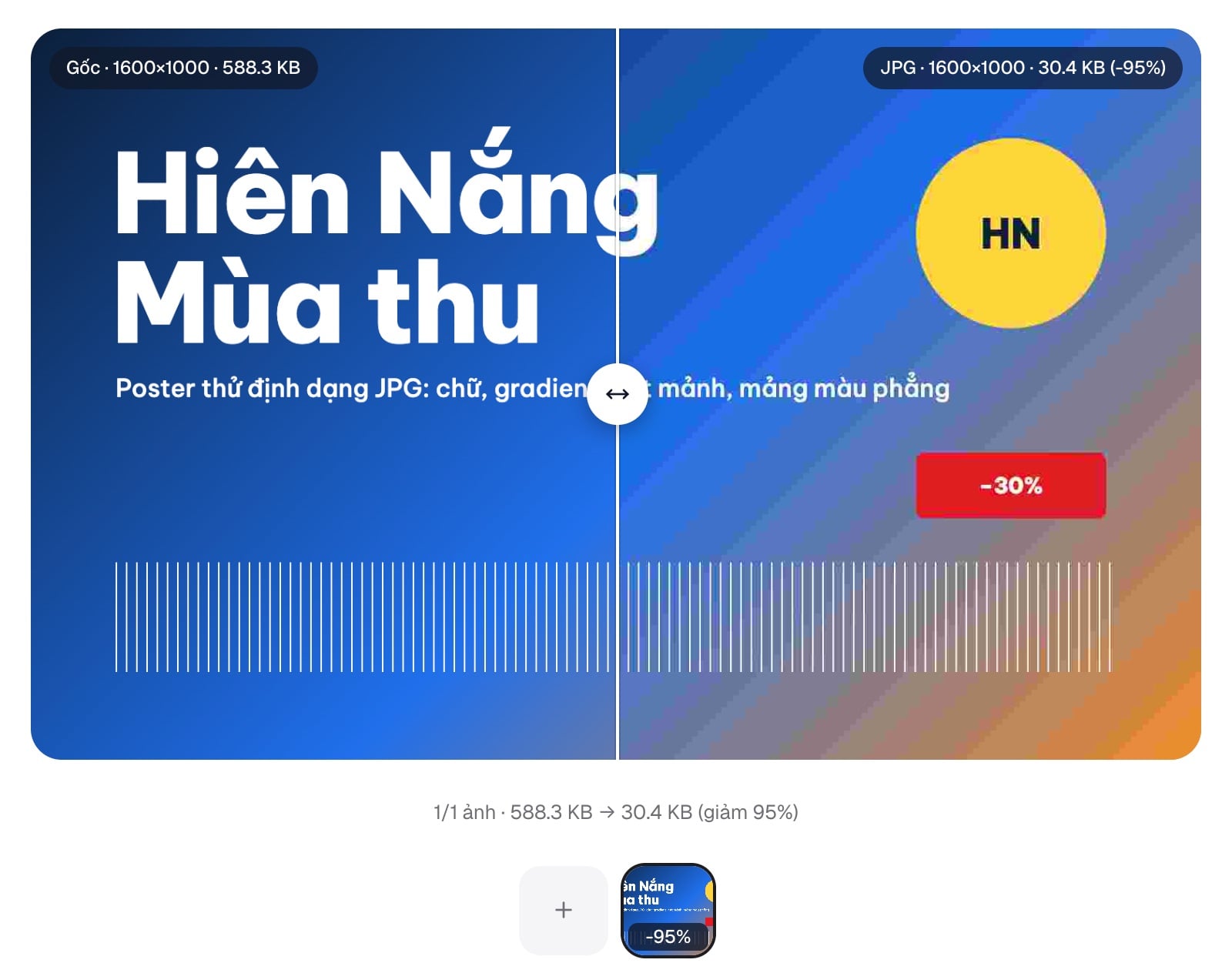 Nén ảnh sang JPG chất lượng 10% trong công cụ Nén ảnh online, so sánh trước sau