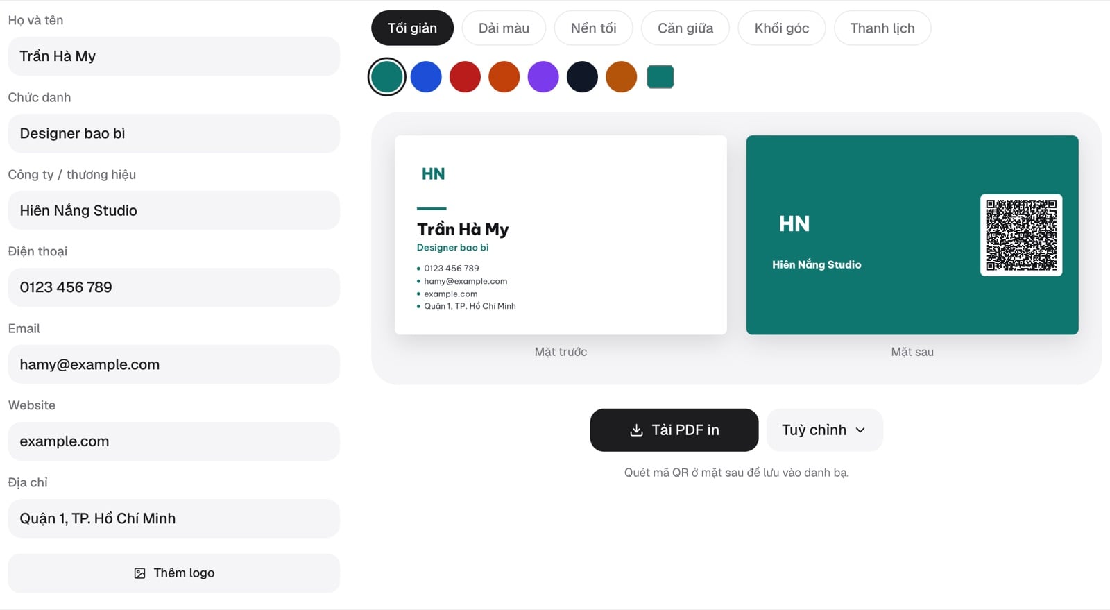 Tạo danh thiếp online có mã QR: ô nhập họ tên, chức danh, số điện thoại và xem trước hai mặt