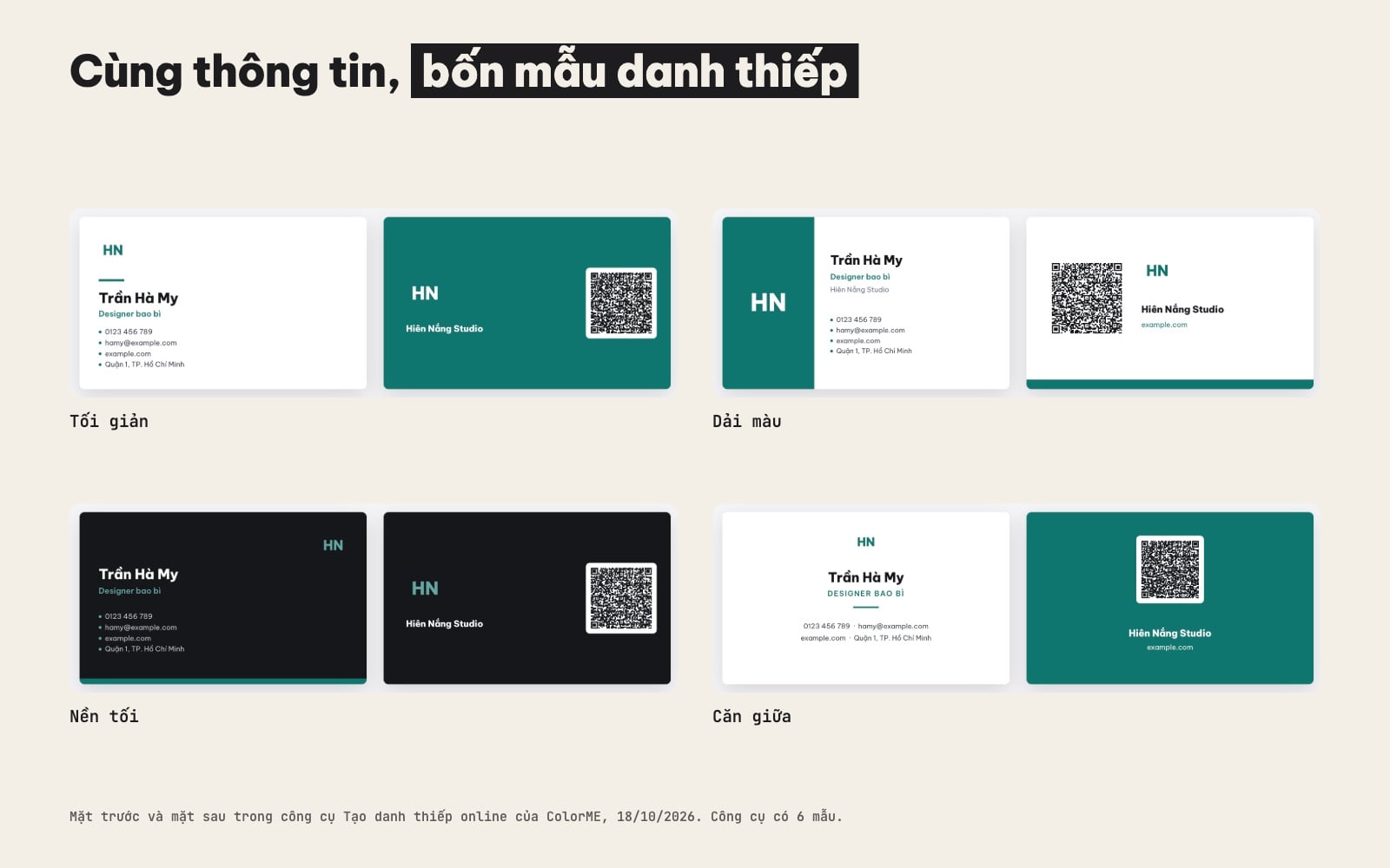 Bốn mẫu danh thiếp có mã QR: tối giản, dải màu, nền tối, căn giữa