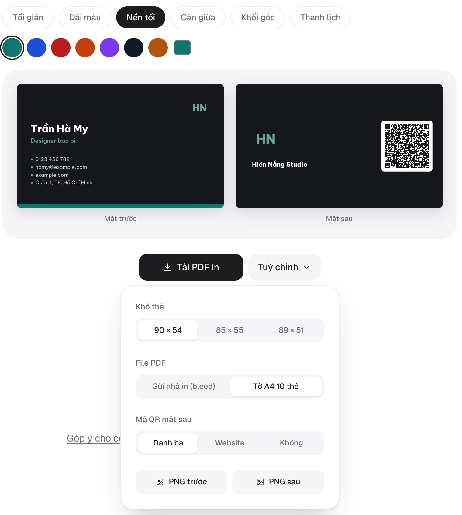 Tuỳ chỉnh khổ danh thiếp, file PDF và loại mã QR mặt sau