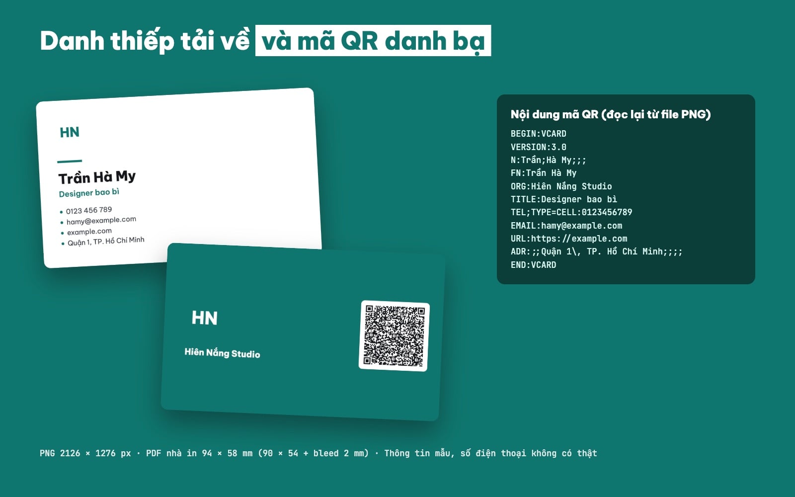 Danh thiếp điện tử có mã QR vCard: mặt trước, mặt sau và nội dung mã QR