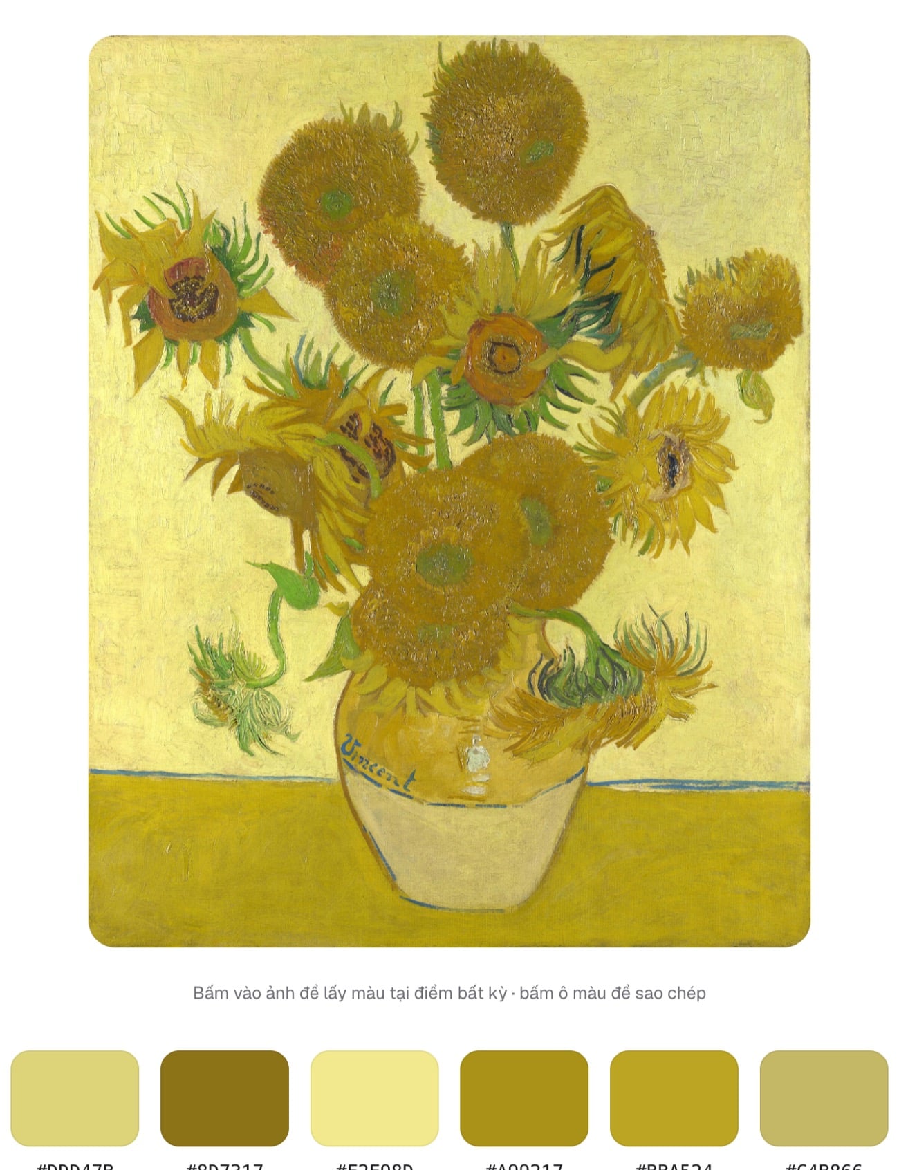 Trích xuất bảng màu từ tranh Hoa hướng dương của Van Gogh trong công cụ ColorME