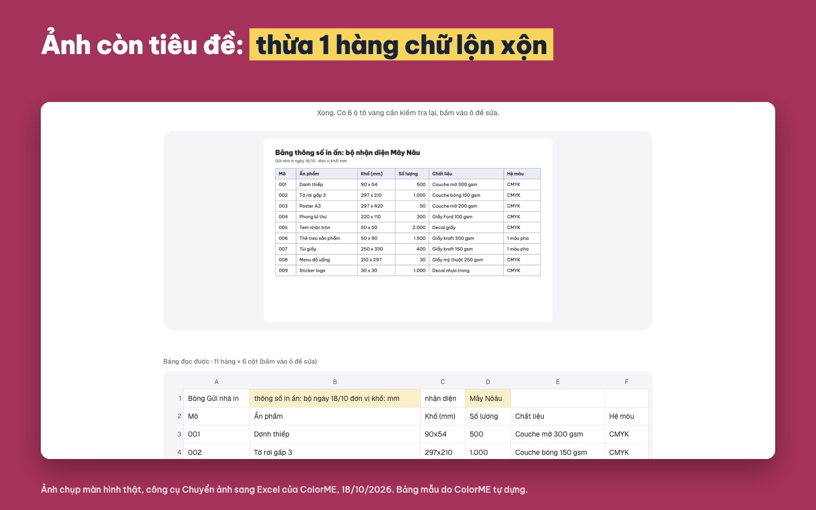 Kết quả chuyển ảnh sang Excel khi ảnh còn dòng tiêu đề