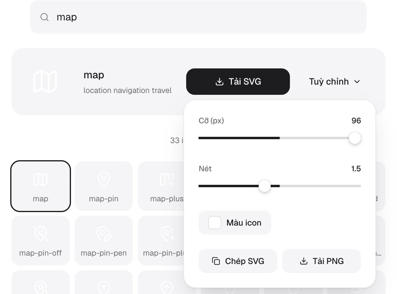 Tìm icon miễn phí, chỉnh cỡ, độ dày nét và màu trước khi tải SVG