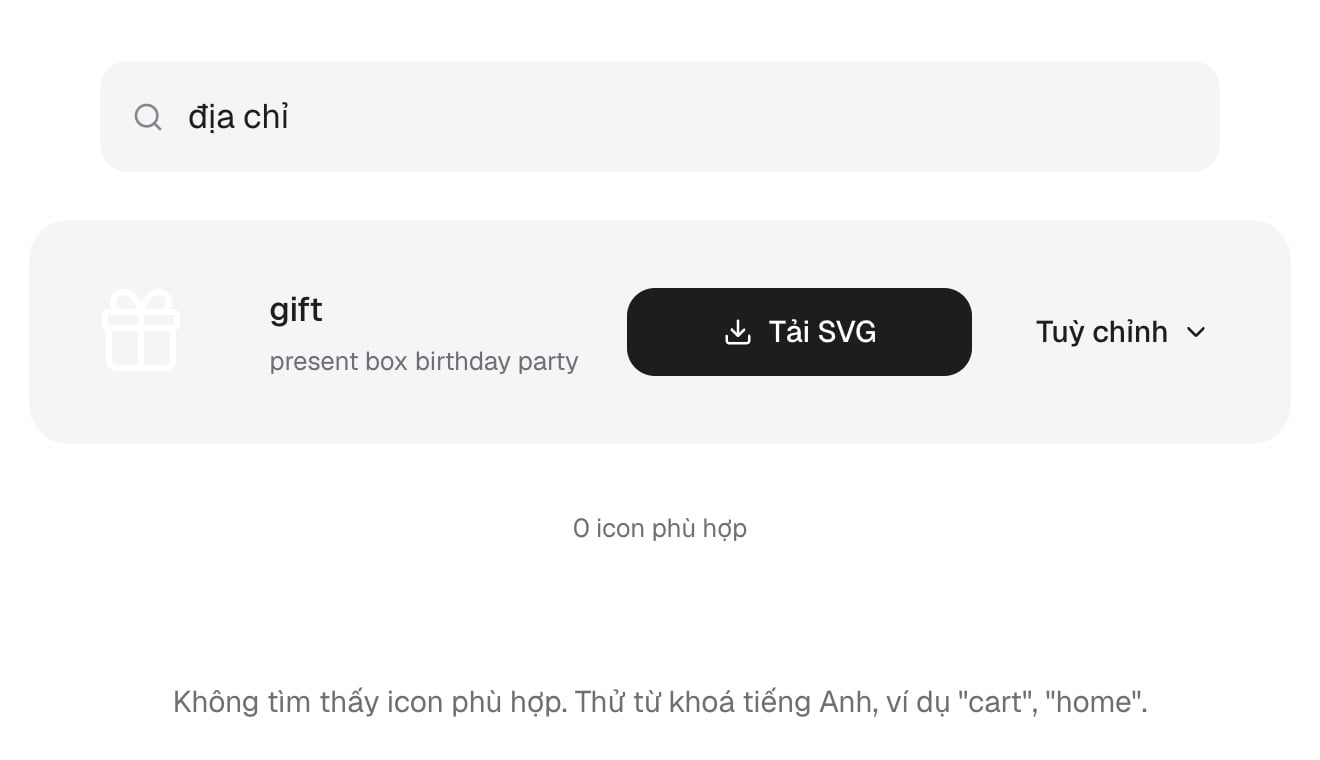 Tìm icon bằng tiếng Việt không ra kết quả, gợi ý dùng từ khoá tiếng Anh