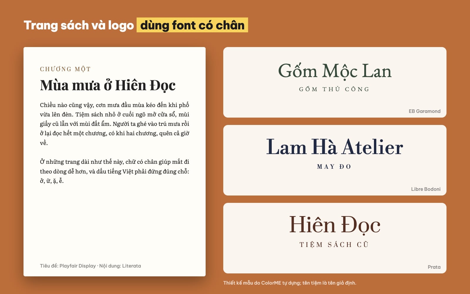 Trang sách và logo dùng font chữ có chân tiếng Việt