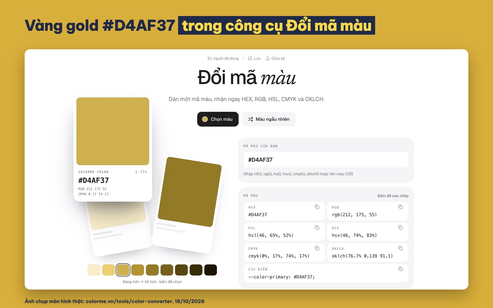 Mã màu vàng gold #D4AF37: rgb(212, 175, 55), cmyk(0%, 17%, 74%, 17%)