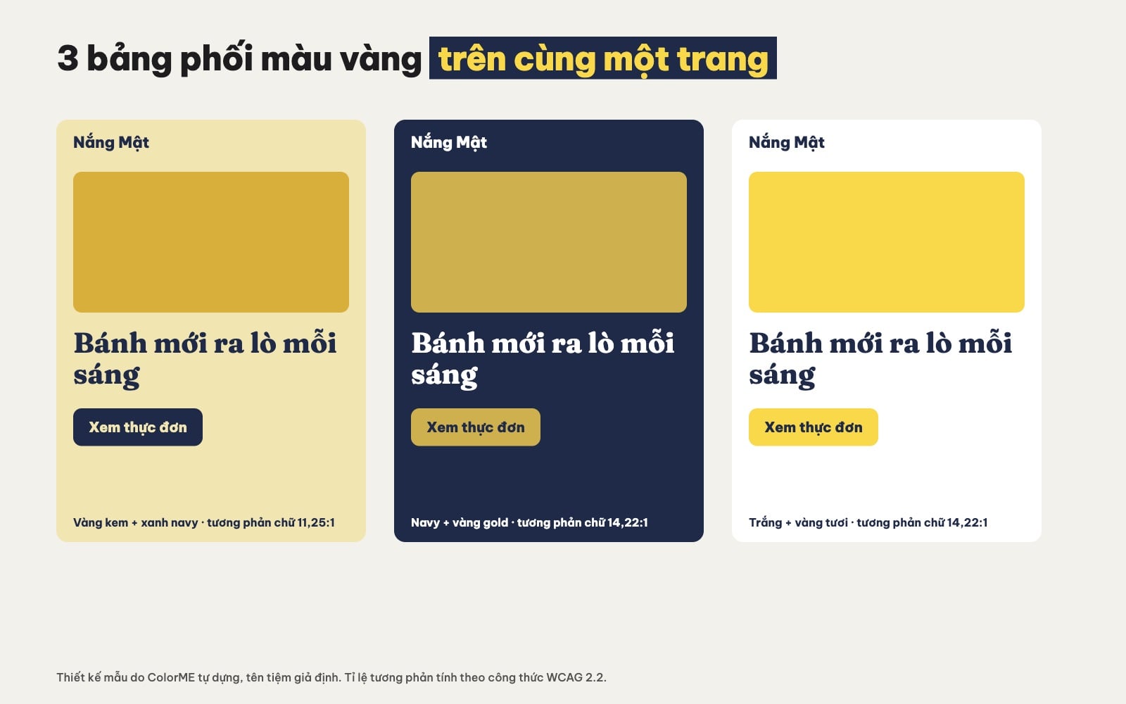 Bảng phối màu vàng: vàng kem và xanh navy, navy và vàng gold, trắng và vàng tươi